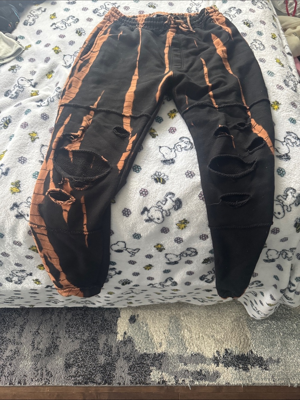 Men's Black & Orange Tie-Dye Distressed Joggers